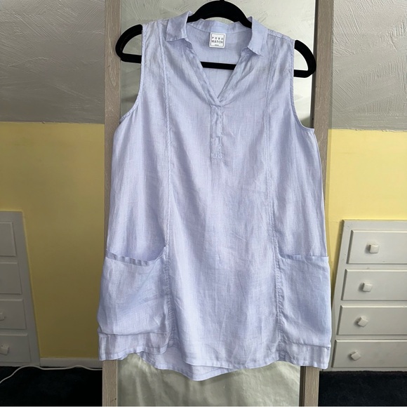 Pure Match Tops - Pure Match Women's Sleeveless Linen Tunic Top Light Blue Small Pockets Oversized